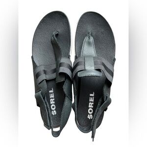 Sorel out and about sling back black leather T strap sandal in size 10.